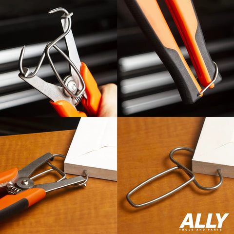 Close-up of Big Hand Friendly Miter Spring Clamp Pliers With 16 Clamps And 8 Inch Long Handles in use on wood trim.