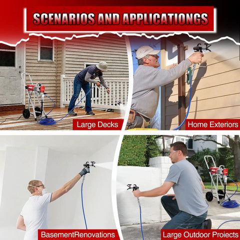Professional Airless Paint Sprayer Pumping 3300 Psi And 0.47 GPM Flow Rate in use on large decks and home exteriors.