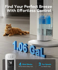 Close-up of windowless portable evaporative cooler with 1 gal tank and ice packs, featuring control panel and cat nearby