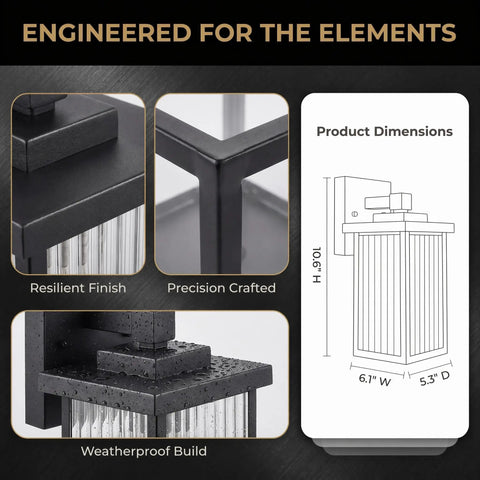Stunning Matte Black Wall Mount Porch Lights, Dope Outdoor Sconces Featuring Hand Textured Glass And Solid Metal Frame close-up of waterproof build and dimensions.