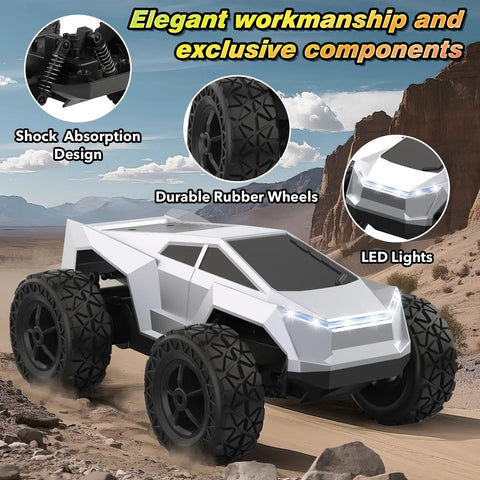 All Terrain RC Car Monster Truck With LED Lights 1:18 Scale 2.4GHz Remote Control Off Road Toy on rocky terrain