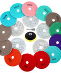 Snag This Awesome Twenty Pack Of Four Inch Wet Dry Diamond Polishing Pads Set Perfect For Grinding To Mirror Shine On Granite Marble Quartz Concrete Stone Includes All Grits Thirty To Ten Thousand Backer Pad Adapter And Wool Disc displayed