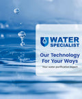 Background with water droplets and text about water purification, highlighting water filtration technology.