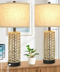 Rattan Table Lamps Set Of 2 With Dual USB Ports And Rotary Switch Boho Cream Fabric Shade Nightstand Lamps For Bedroom Living Room Dorm Hotel Farmhouse Style Cozy Lighting