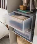 Under Bed Storage Drawers 30 Qt 2 Pack, Stackable Plastic Organizer Bins For Bedroom Closet And Dorm shown with open drawer