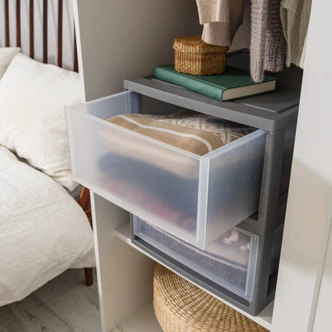 Under Bed Storage Drawers 30 Qt 2 Pack, Stackable Plastic Organizer Bins For Bedroom Closet And Dorm shown with open drawer