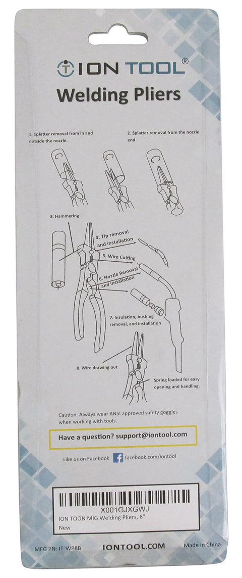 Packaging of Heavy Duty 8 Inch Welding Pliers All In One Tool with usage instructions and company info