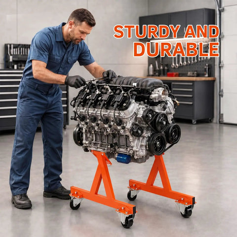 Heavy Duty Rolling LS Engine Stand Cradle Built Like A Tank For Gm Chevy Lsx Swap with engine mounted, sturdy design, and casters.