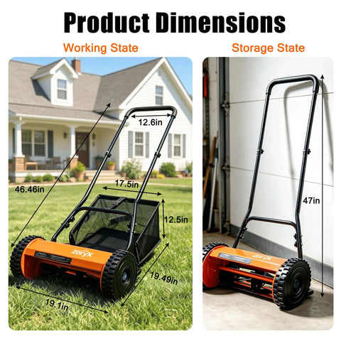 Effortless 14-Inch 5-Blade Push Reel Lawn Mower For Small Yards, manual mower shown in working and storage states with dimensions