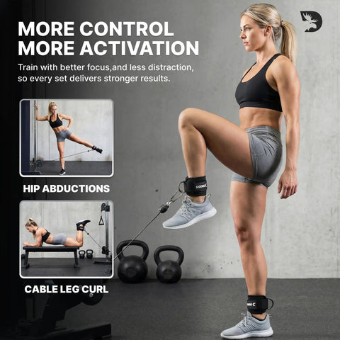 Woman using Premium Ankle Strap for Cable Machines with Ultra Thick 8mm Padding for dope comfort during kickbacks, glute workouts.