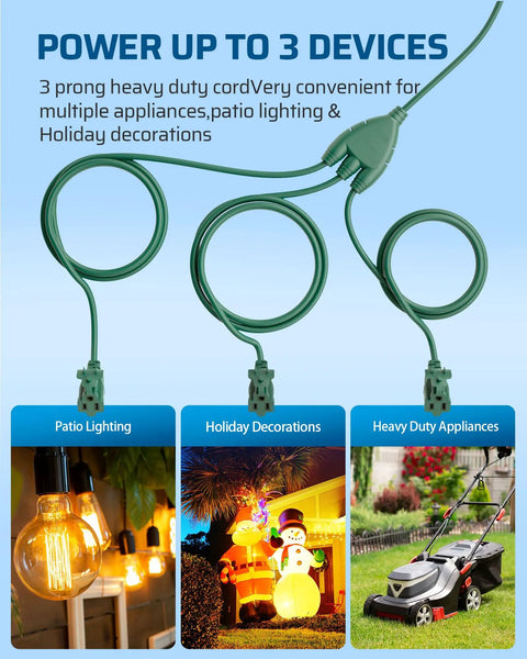 Outdoor Extension Cord With 3 Outlets And Weatherproof Cover 13 Ft Green SJTW 16 Gauge Three Wire Power Splitter display
