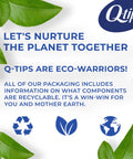Eco-friendly travel cotton swabs packaging message with green leaves and recycling symbols
