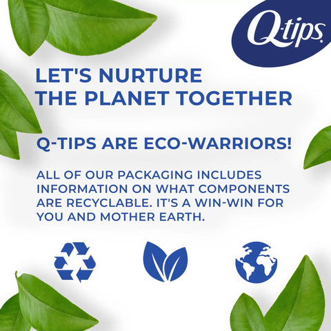 Eco-friendly travel cotton swabs packaging message with green leaves and recycling symbols