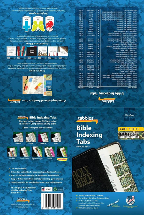 Slick Forest Camo Bible Tabs For Study Bibles And Journals With Dope Self Adhesive Backing Quick Reference Index Stickers displayed on package.