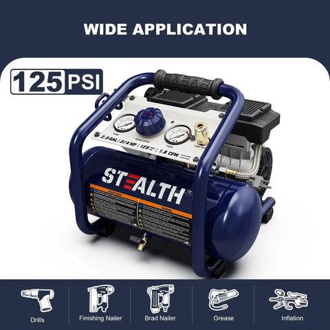 Pro Level 2 Gallon Air Compressor With 3/4 Hp Oil Free Pump And Whisper Quiet Under 60 Db Run Handling 125 Psi, featuring gauges and handle.