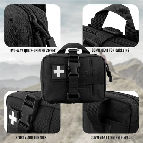 Close-up of Tactical EMT Pouch Upgrade IFAK Tear Away First Aid Kit with black nylon and molle straps, ideal for hiking.