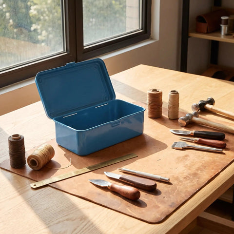 Kickass Vintage Iron Tool Box With Secure Locking Lid And Snappy Quick Access Compartments For Home Mechanic And Car Garage on workspace.