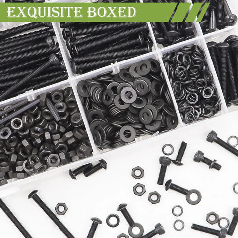 Massive M3 Screw And Nut Assortment Kit with 4mm to 35mm metric bolts, alloy steel, hex sockets, washers, and nuts in storage box