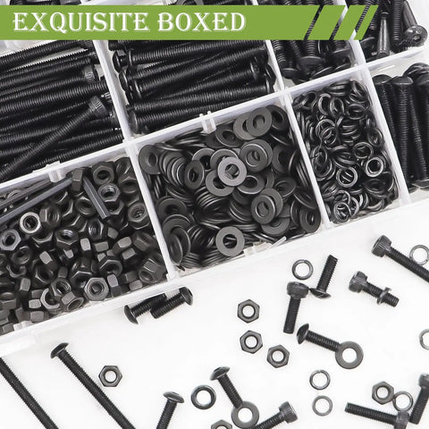 Heavy Duty M4 Screws Kit Featuring 1260 Piece Metric Bolt Assortment With Hex Socket Button And Cap Heads Plus Tough Washers Nuts And Wrenches For Heavy Use Garage And Auto Jobs in a clear storage box.