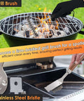 Front view of a stainless steel grill brush with a wooden handle cleaning a round charcoal grill.