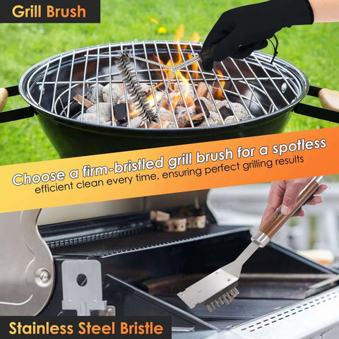 Front view of a stainless steel grill brush with a wooden handle cleaning a round charcoal grill.
