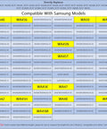Table showing compatible Samsung models for Easy Install Premium Washer Suspension Rods DC68-03172B-03 Replacement