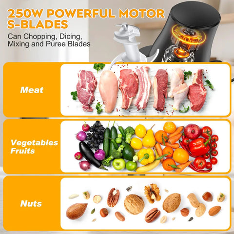 Turnrise Electric Chicken Shredder Tool with Double S-Blades displaying meat, vegetables, fruits, and nuts ready for shredding.