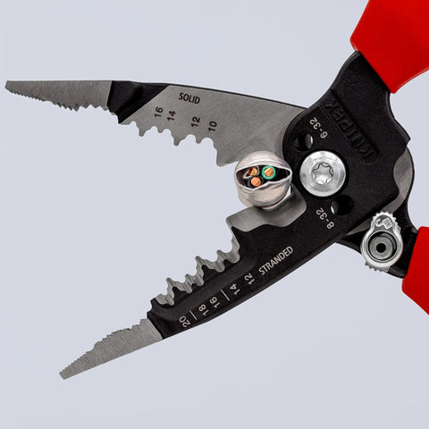 Pro Grade Multifunction Wire Stripper Pliers For Electricians With Two Component Ergonomic Handles And Multicolored Finish Eight Inch Tool showing blade detail
