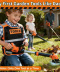 Child using Kid Friendly Gardening Tools Set With Vest 2 In 1 Lawn Mower And Leaf Blower Lights And Sounds Toy in garden