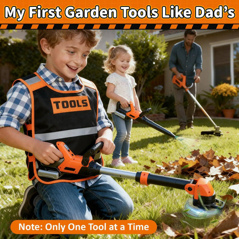 Child using Kid Friendly Gardening Tools Set With Vest 2 In 1 Lawn Mower And Leaf Blower Lights And Sounds Toy in garden