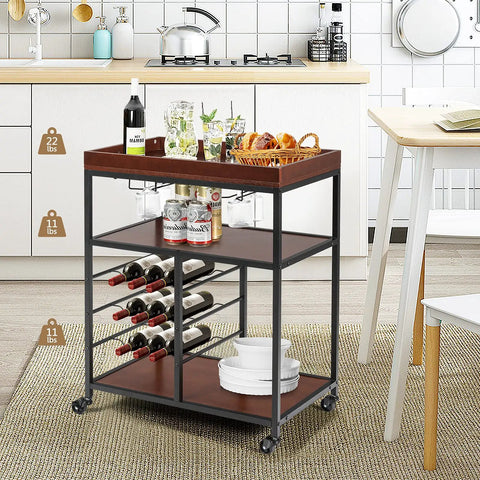 Slick Rolling Kitchen Island Cart With Rustic Brown Wood And Steel Frame Nine Bottle Wine Rack Double Glass Holders Lockable Wheels Utility Beverage Trolley For Tight Spaces And Weekend Kickbacks