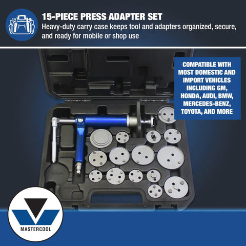 Air Powered Brake Caliper Wind Back Tool Kit With Fifteen Piece Adapter Set in storage box with adapters visible.