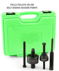 Green case with Power Steering Pulley Puller And Installer Kit All In One Tool for Ford GM VW Chrysler cars, showing puller components.