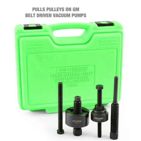 Green case with Power Steering Pulley Puller And Installer Kit All In One Tool for Ford GM VW Chrysler cars, showing puller components.