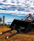 60 Inch Clamp On Pallet Forks For Tractor Loader Buckets Heavy Duty Fork Attachments shown on tractor in farm setting