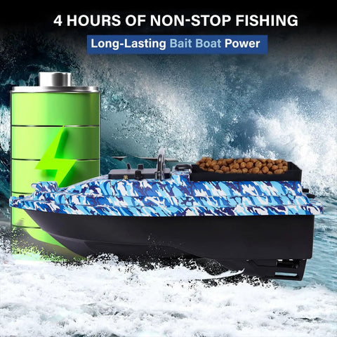 RC Fishing Bait Boat With Precision Long-Range Delivery, 4.4 Lb Capacity, next to battery icon on water background