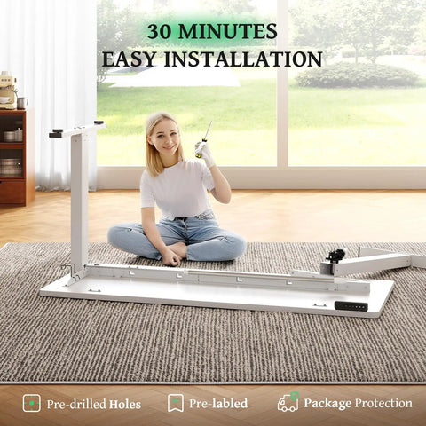 A woman assembles the SIAGO 48x24 Inch Electric Standing Desk, showcasing its easy installation process on a carpet.