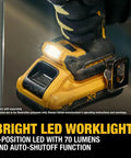 Close-up of a 3-position LED worklight with 70 lumens, attached to a 20V Max XR Brushless Cordless Hammer Drill.