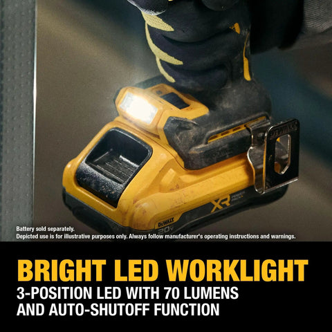 Close-up of a 3-position LED worklight with 70 lumens, attached to a 20V Max XR Brushless Cordless Hammer Drill.