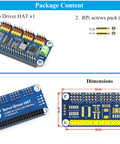 Diagram showing Dope Pro-Grade 16 Channel I2C Servo Driver Hat For Raspberry Pi with dimensions and included screws.