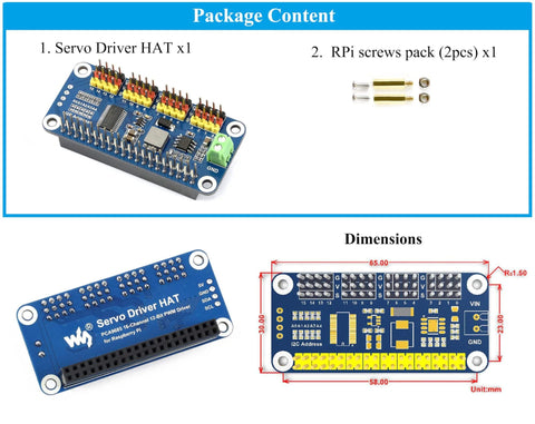 Diagram showing Dope Pro-Grade 16 Channel I2C Servo Driver Hat For Raspberry Pi with dimensions and included screws.