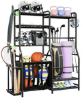 Garage Sports Equipment Organizer With Beefy Heavy Duty Ball Holder, Golf Bag Storage Rack, Basket And Removable Bat Hooks loaded with sports gear.