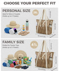 Mesh Beach Bag With Dry Wet Separation, 26L and 41L options displayed with beach essentials, sandproof water resistant tote.