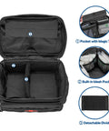 Damero black medicine storage bag open, front view showing inner compartments, mesh pockets, and detachable divider.
