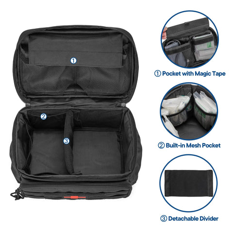 Damero black medicine storage bag open, front view showing inner compartments, mesh pockets, and detachable divider.