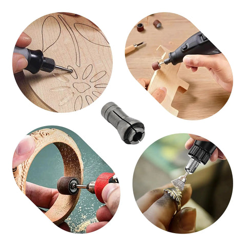 Four Piece Die Grinder Collet Set With 6mm Collets For One Quarter Inch Arbors in use for carving and grinding projects