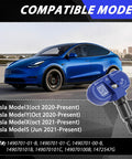 Top Shelf Four Piece Bluetooth TPMS Sensor Kit For Tesla Model 3 Y S X 2020 To 2025 with blue sensor next to Tesla Model Y.