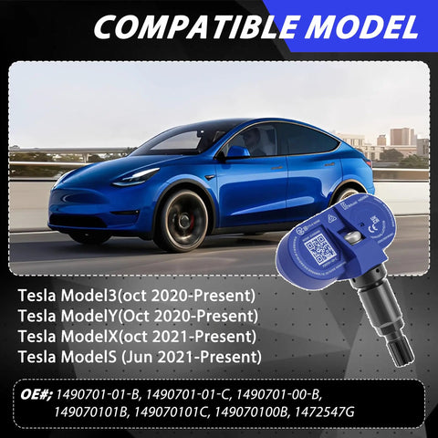 Top Shelf Four Piece Bluetooth TPMS Sensor Kit For Tesla Model 3 Y S X 2020 To 2025 with blue sensor next to Tesla Model Y.