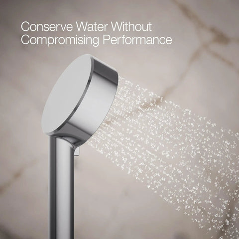 Awaken G90 Three Function Handshower 1.5 GPM Polished Chrome spraying water against a marble background