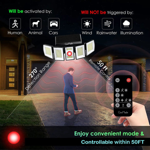 Solar Outdoor Flood Lights With Motion Sensor And Dusk To Dawn Waterproof 300 LED Spotlights Remote Control 5 Head Adjustable